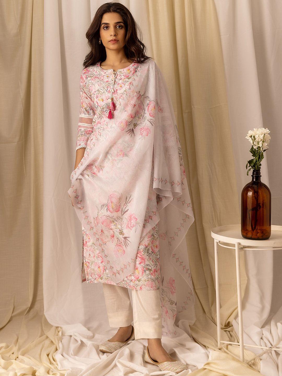 ishin pink floral printed beads & stones linen straight kurta & trousers with dupatta