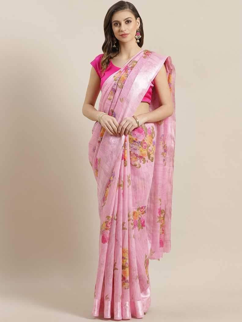 ishin poly cotton pink printed women's saree