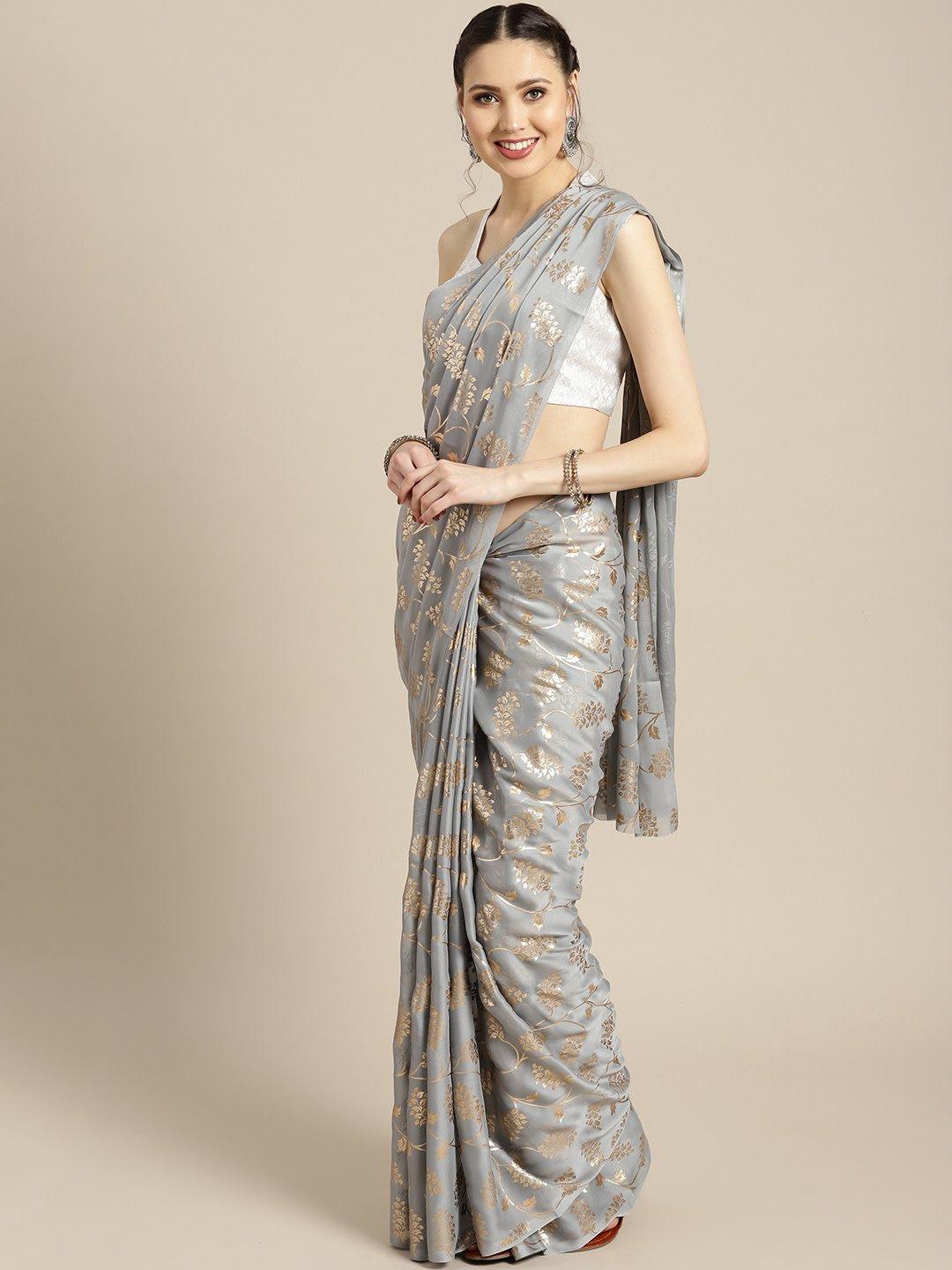 ishin poly georgette grey foil printed women's saree