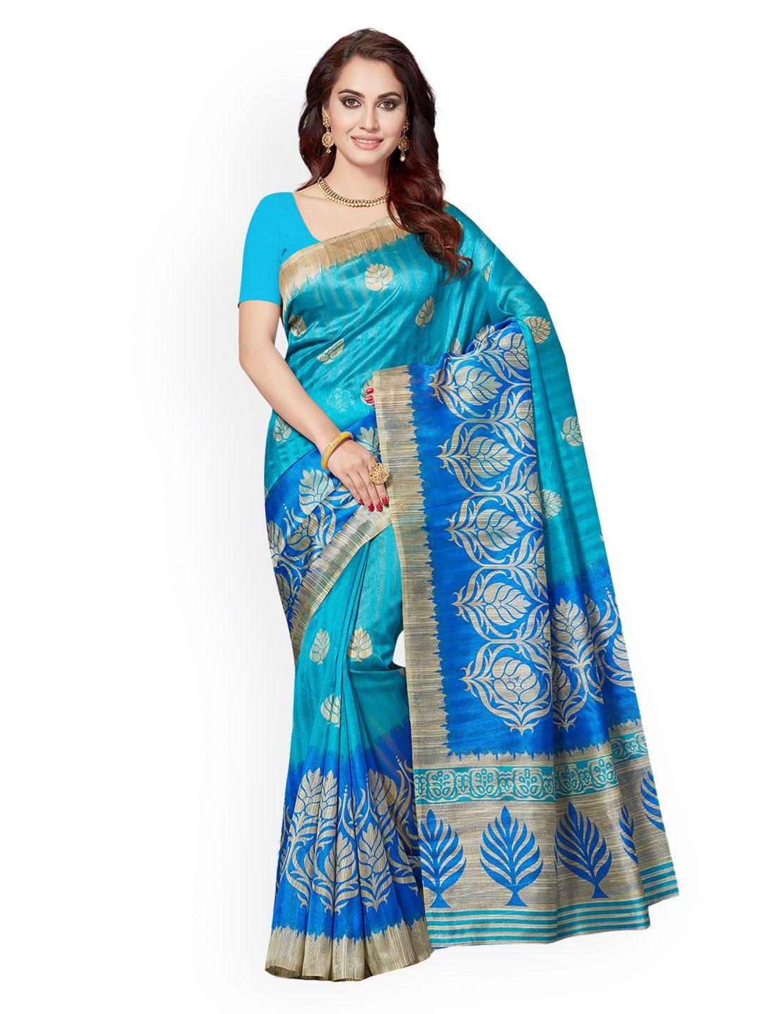 ishin poly silk blue printed women's saree