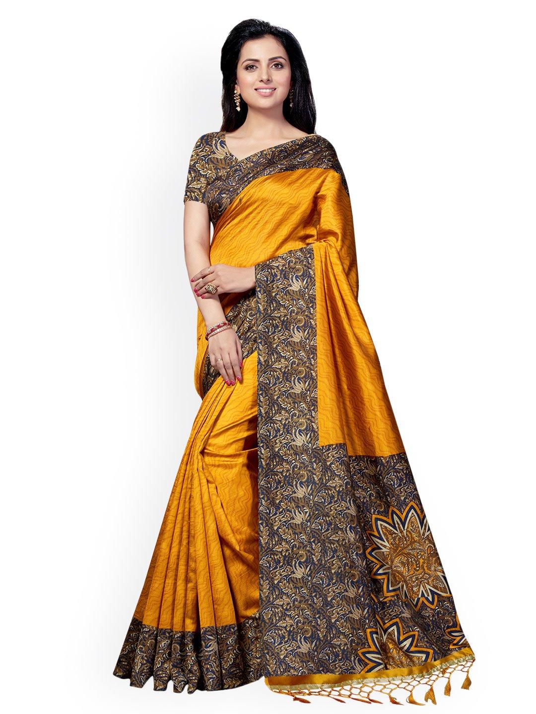 ishin poly silk mustard yellow printed women's saree/sari with tassels