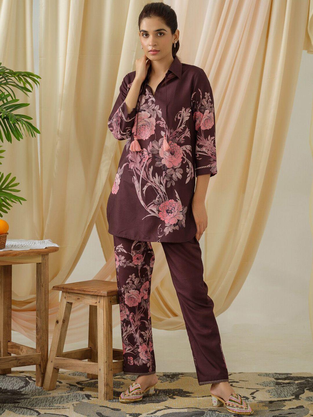 ishin printed shirt collar linen tunic with trousers