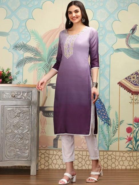 ishin purple & white embroidered kurta & pants set