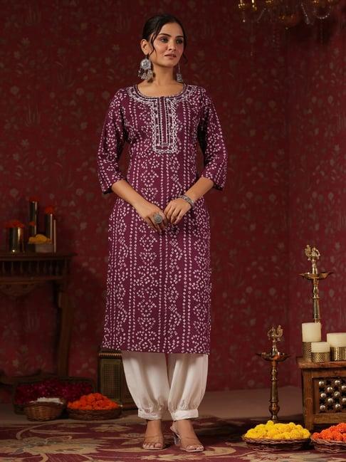 ishin purple cotton printed straight kurta