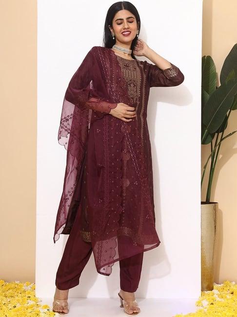 ishin purple embroidered kurta & pants set with dupatta