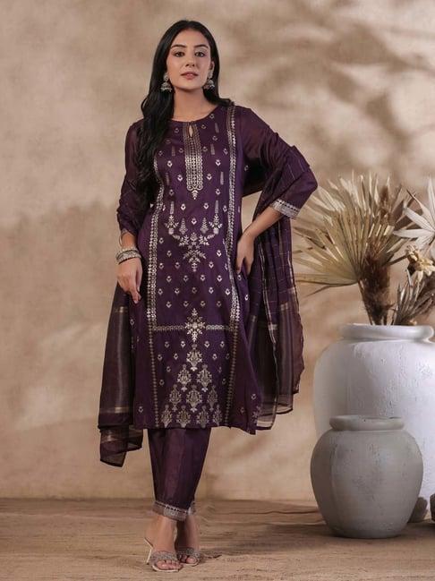 ishin purple embroidered kurta with pant & dupatta