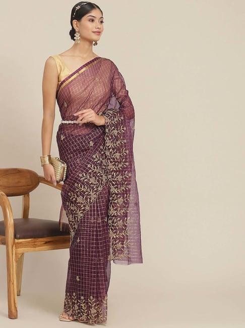 ishin purple embroidered saree with unstitched blouse