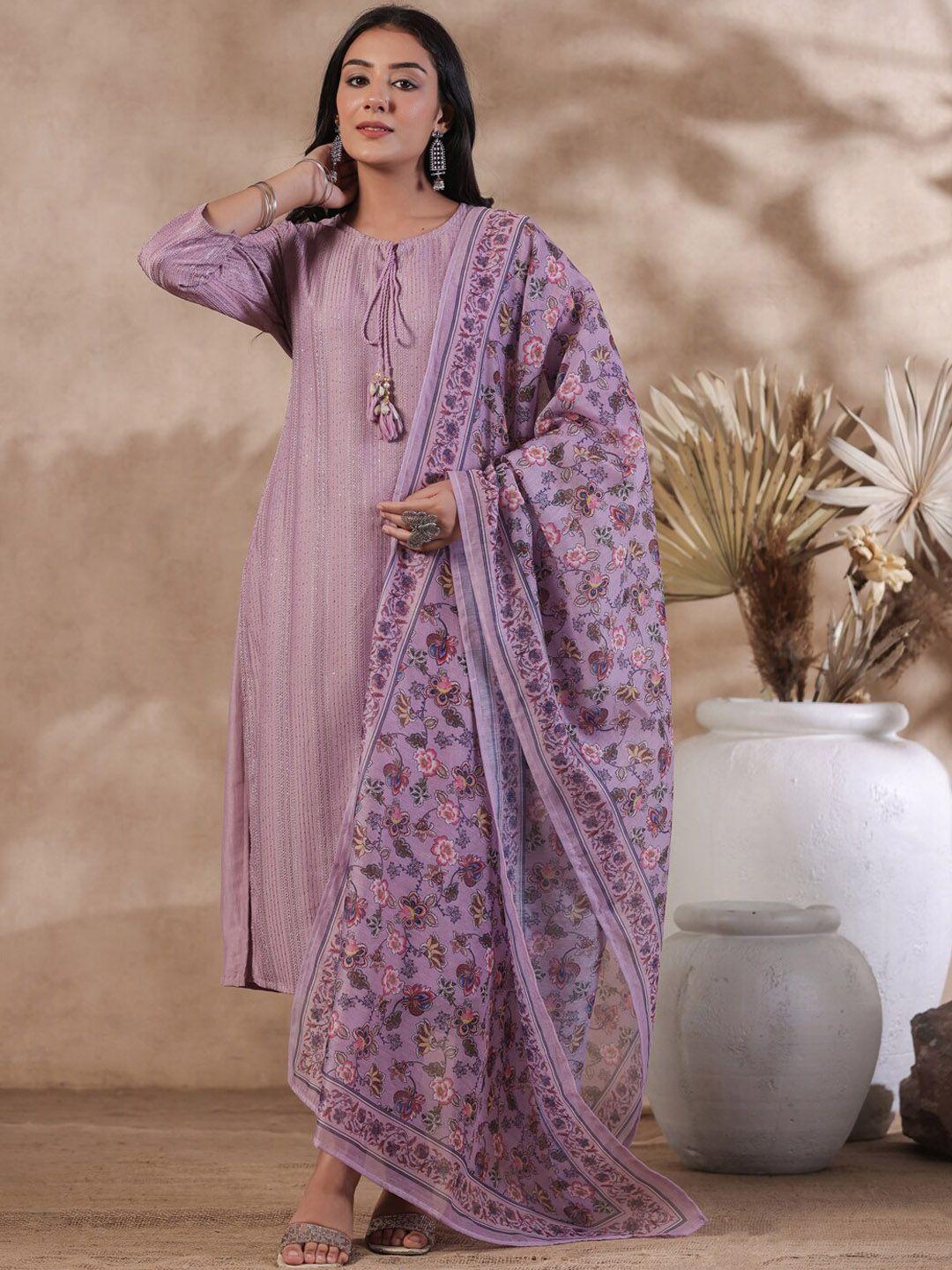 ishin purple striped tie-up neck sequinned detail straight kurta & trouser with dupatta