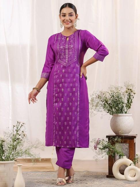 ishin purple woven pattern kurta pant set