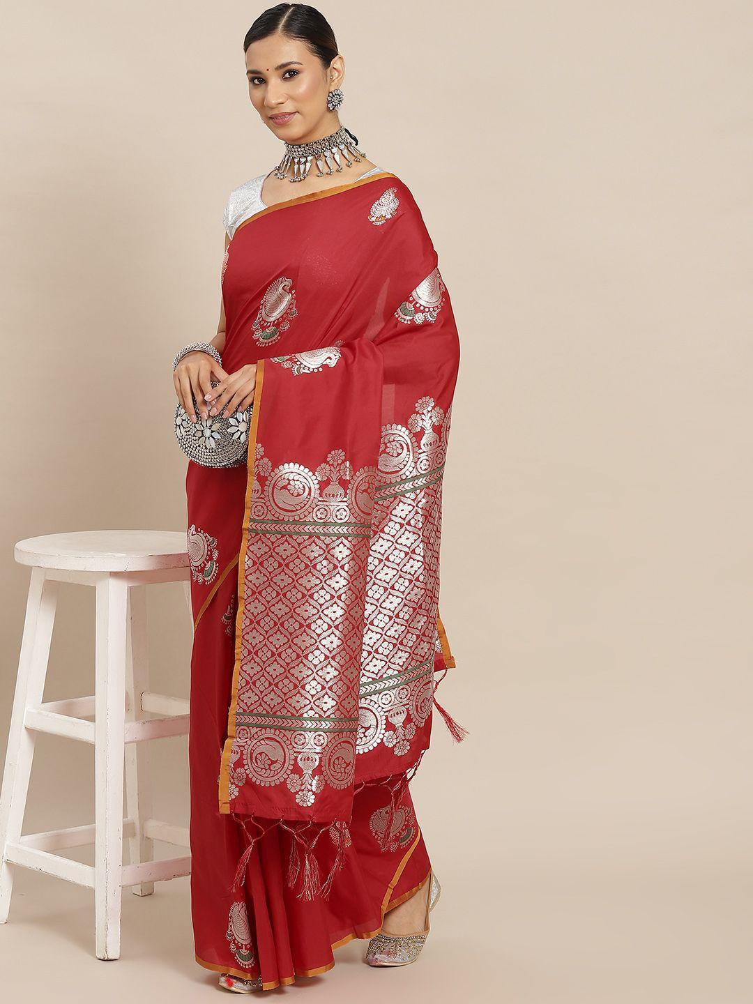 ishin red & silver-toned ethnic motifs zari brocade baluchari saree