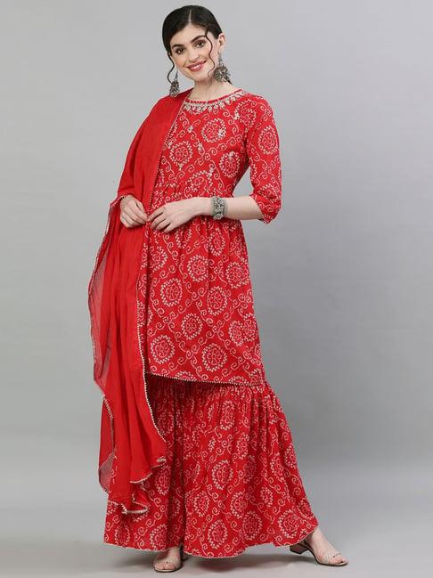 ishin red cotton embroidered kurta sharara set with dupatta