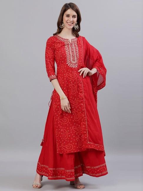 ishin red cotton embroidered kurta sharara set with dupatta