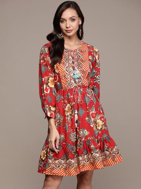 ishin red cotton floral print a-line dress