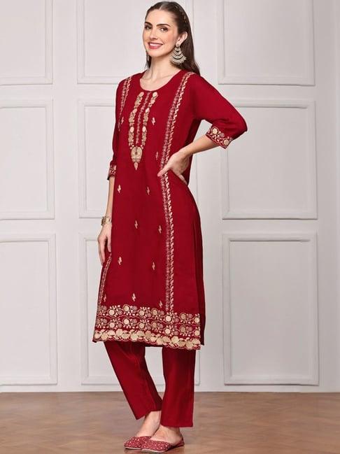 ishin red embroidered kurta & pants set with dupatta