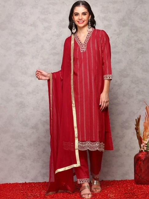 ishin red embroidered kurta & pants set with dupatta