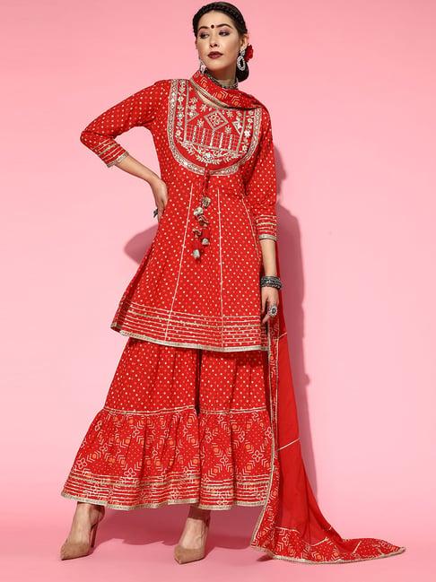 ishin red embroidered kurti sharara set with dupatta