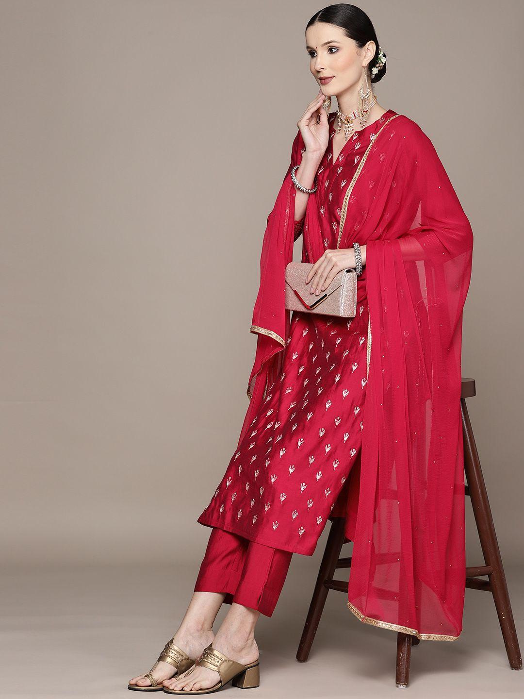 ishin red floral embroidered kurta with trousers & with dupatta