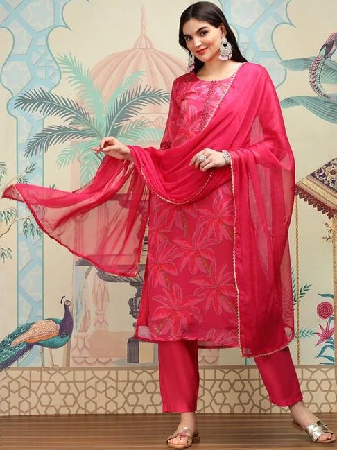 ishin red floral print kurta & pants set with dupatta