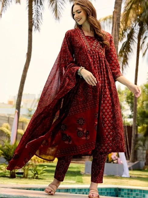 ishin red floral print kurta & pants set with dupatta