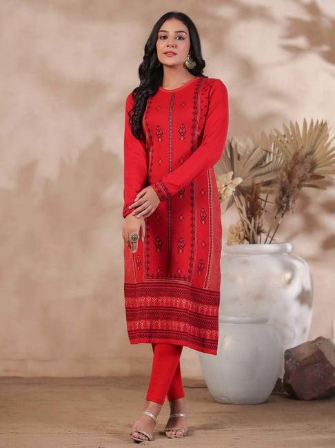 ishin red printed straight woolen kurta