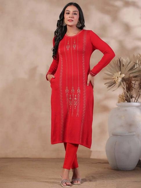 ishin red printed straight woolen kurta