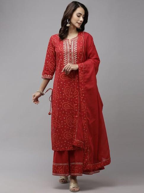 ishin red pure cotton embellished kurta sharara set with dupatta