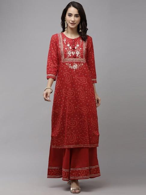 ishin red pure cotton embroidered kurta sharara set