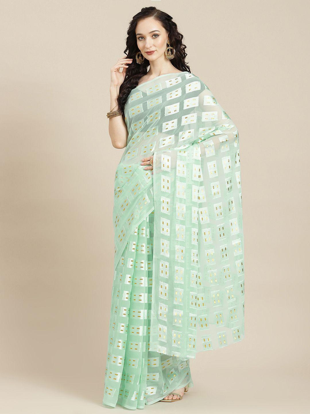 ishin sea green & black embellished georgette saree with sequined blouse