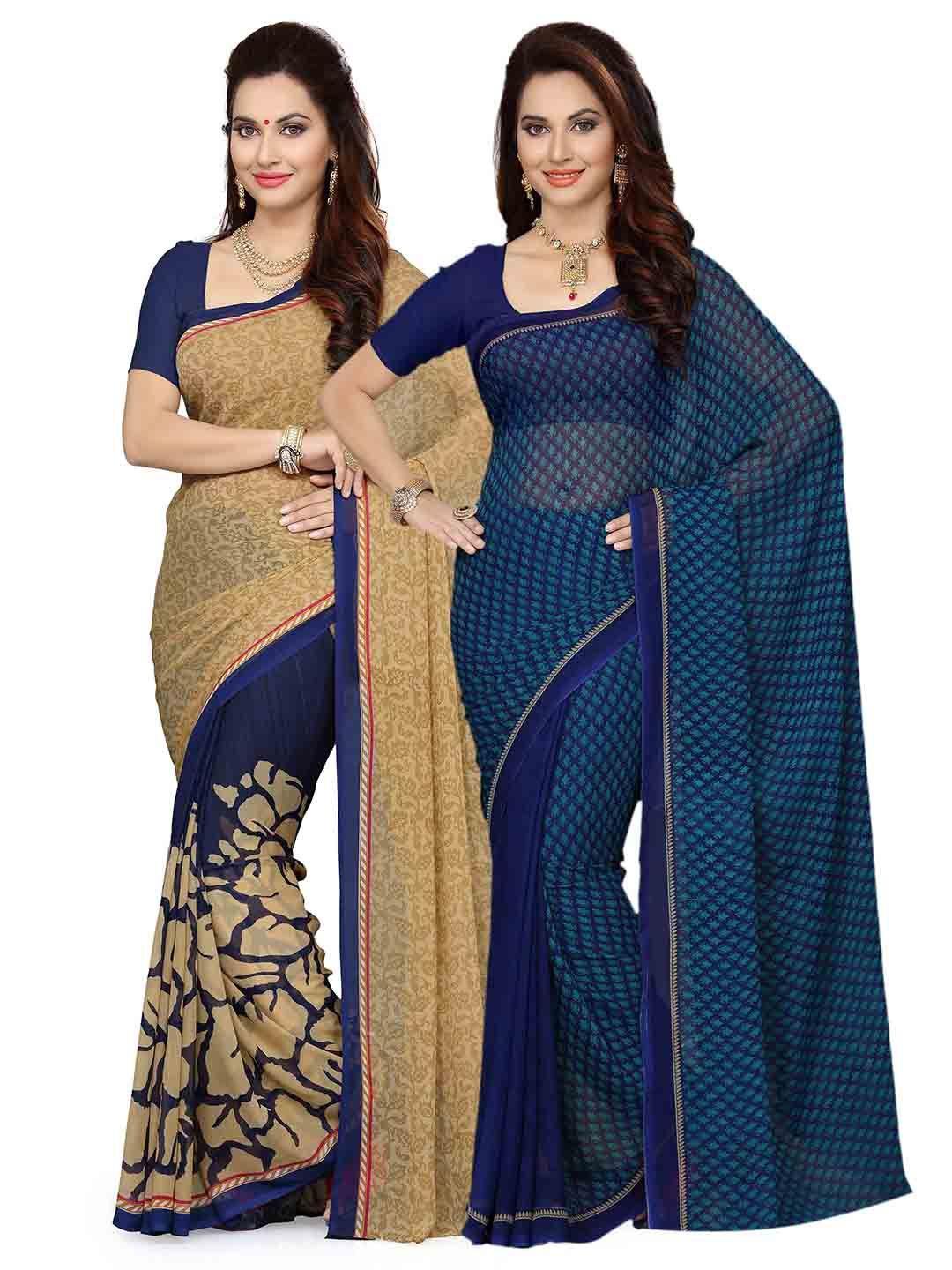 ishin selection of 2 beige & navy blue poly georgette printed sarees