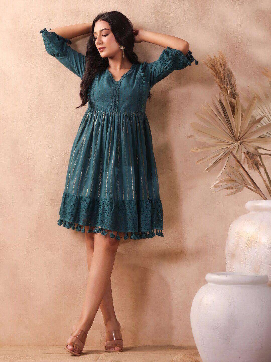 ishin self design v-neck bell sleeves gathered detail cotton fit & flare dress