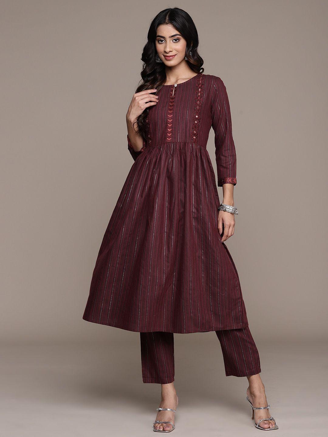 ishin striped embroidered mirror work kurta with trousers