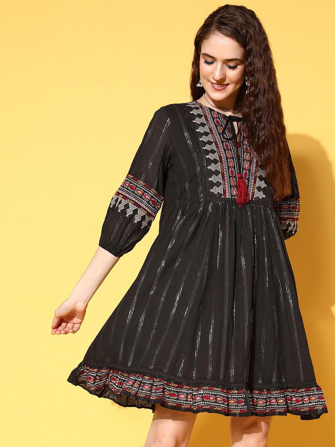 ishin striped embroidered tie-up neck cotton a-line ethnic dress