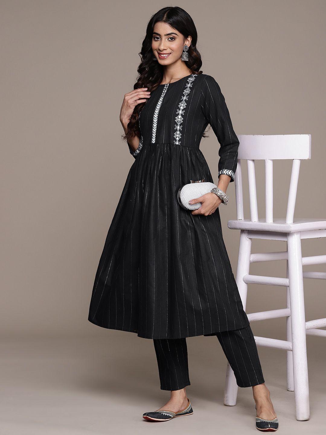 ishin striped pleated thread work kurta with trousers