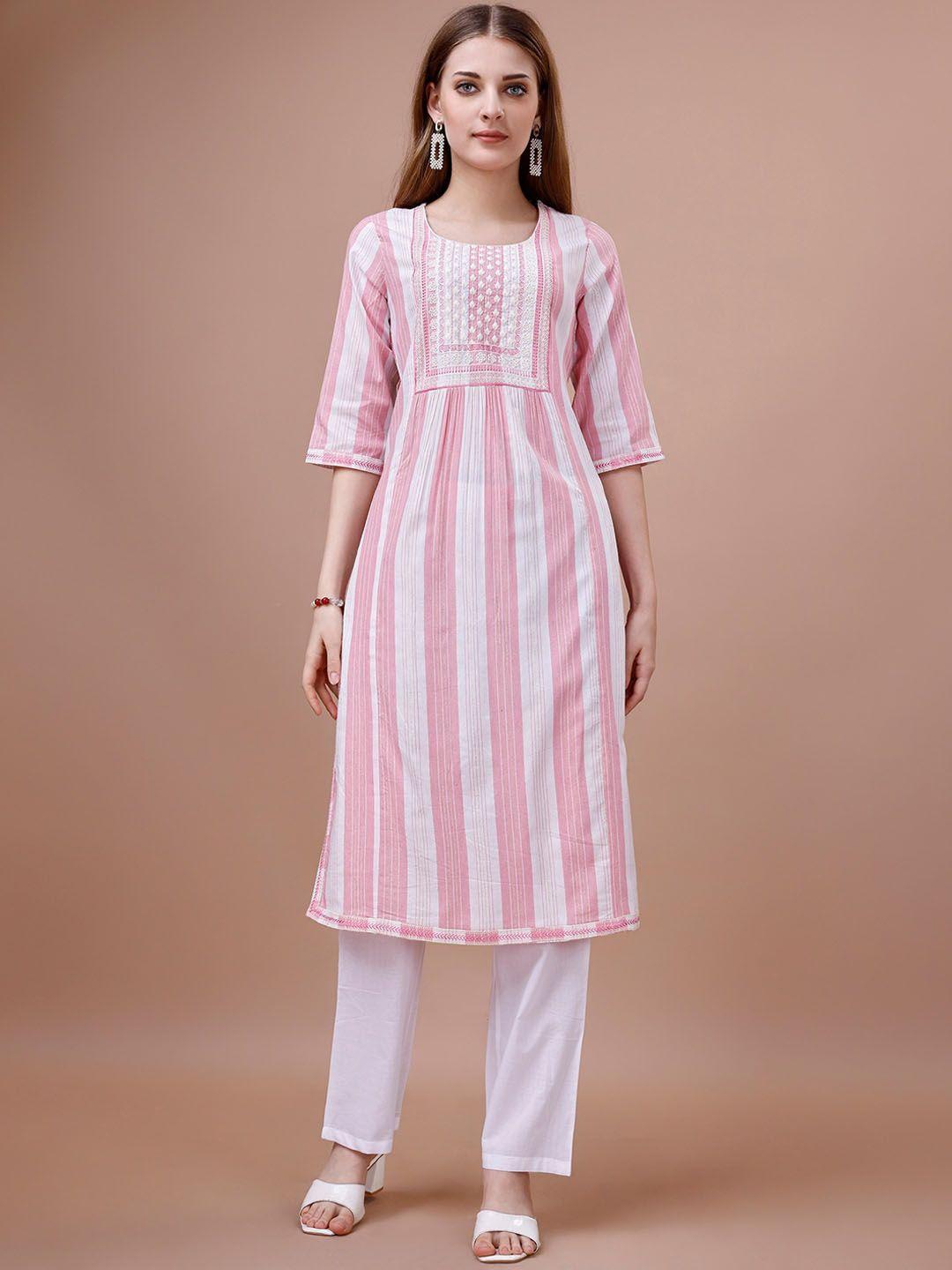 ishin striped thread work round neck a-line kurta