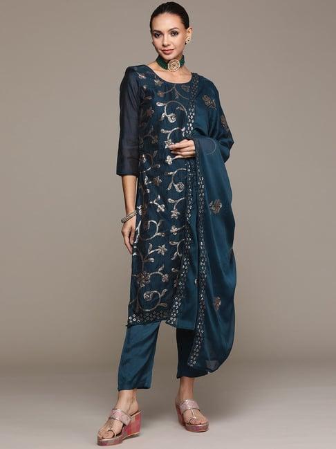 ishin teal blue embellished kurta pant set with dupatta