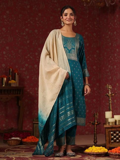 ishin teal blue printed kurta pant set with dupatta