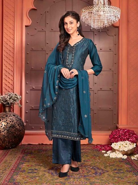 ishin teal embellished kurta with palazzo & dupatta