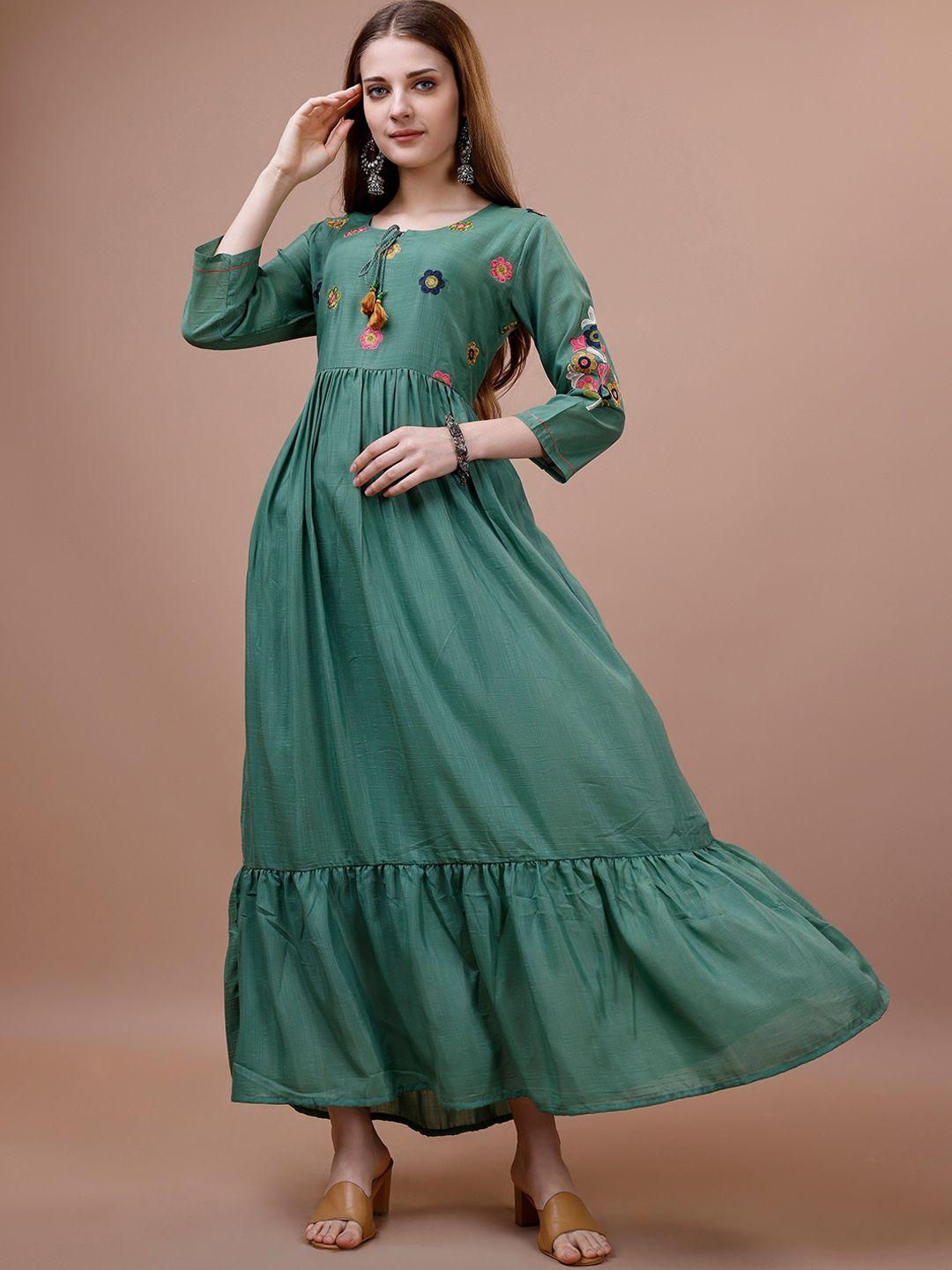 ishin teal green embroidered fit & flare maxi cotton ethnic dresses