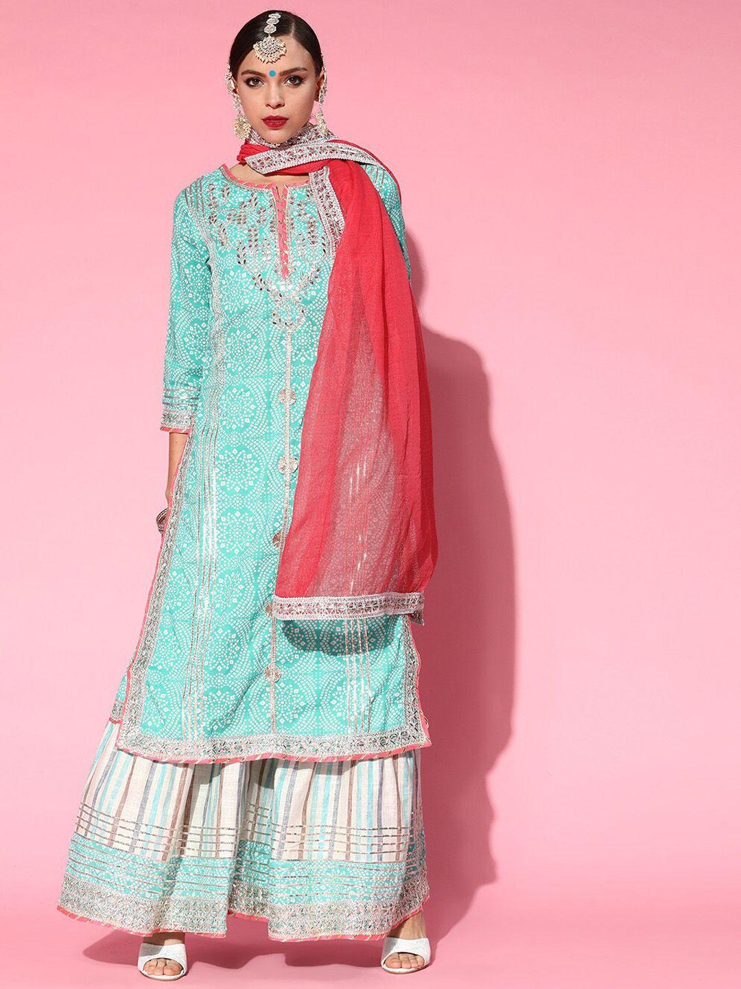 ishin turquoise blue & red printed gotta patti pure cotton kurta with sharara & dupatta