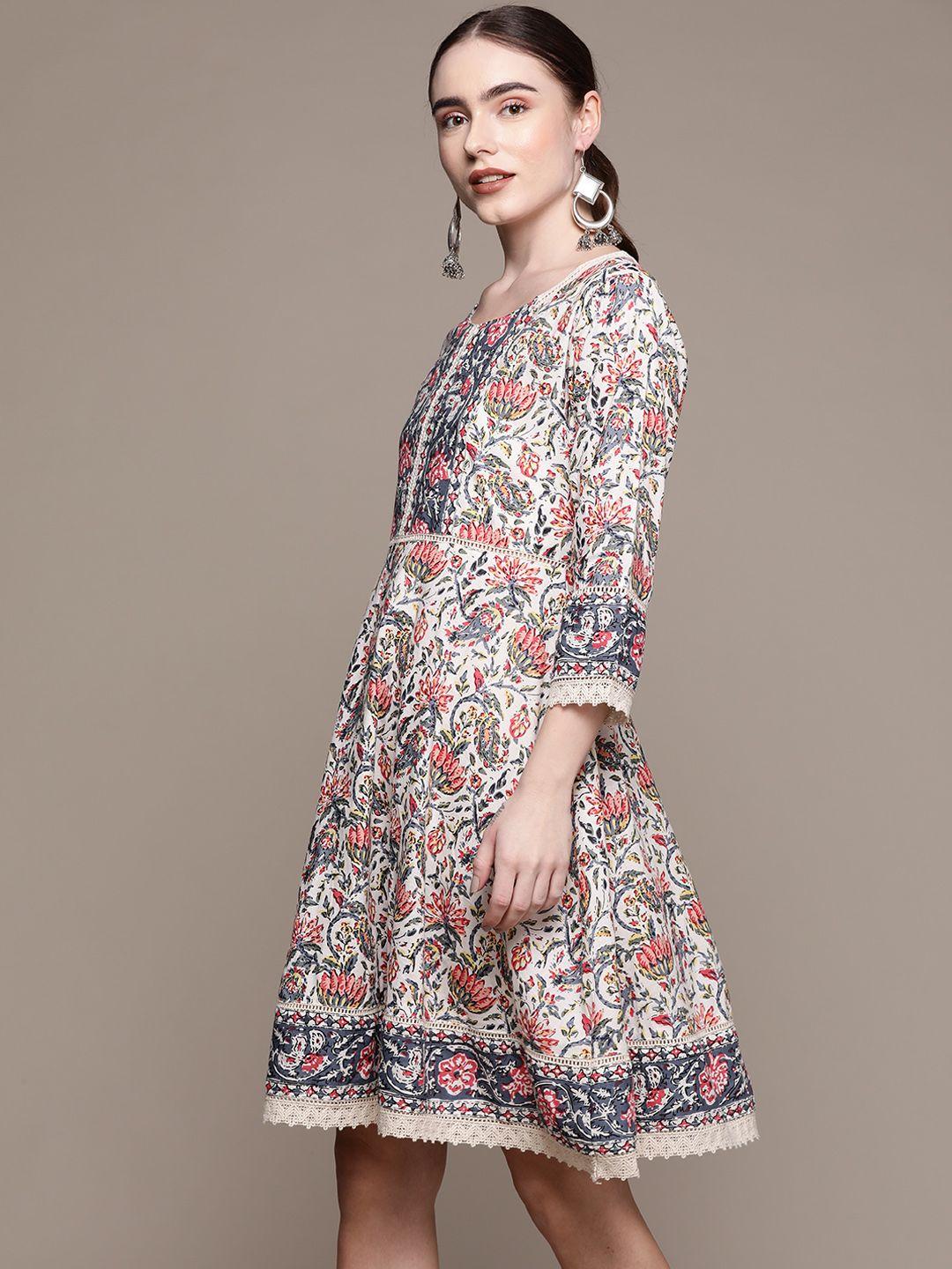 ishin white & grey floral ethnic cotton a-line dress