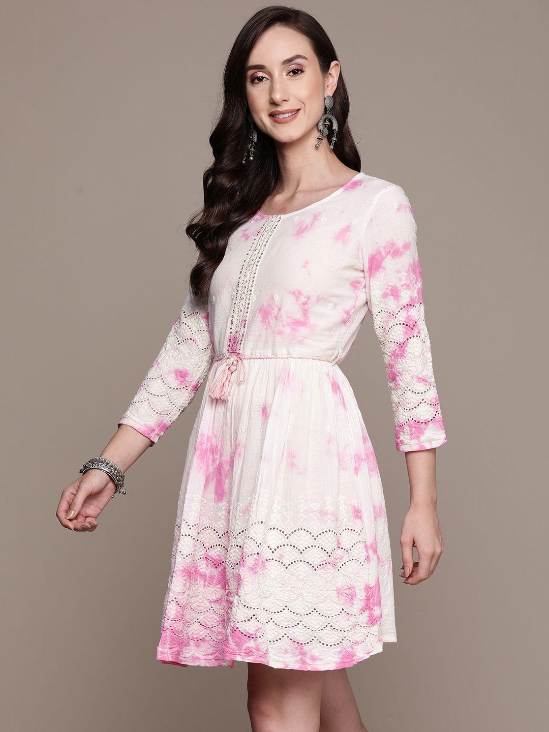 ishin white & pink tie and dye schiffli a-line dress