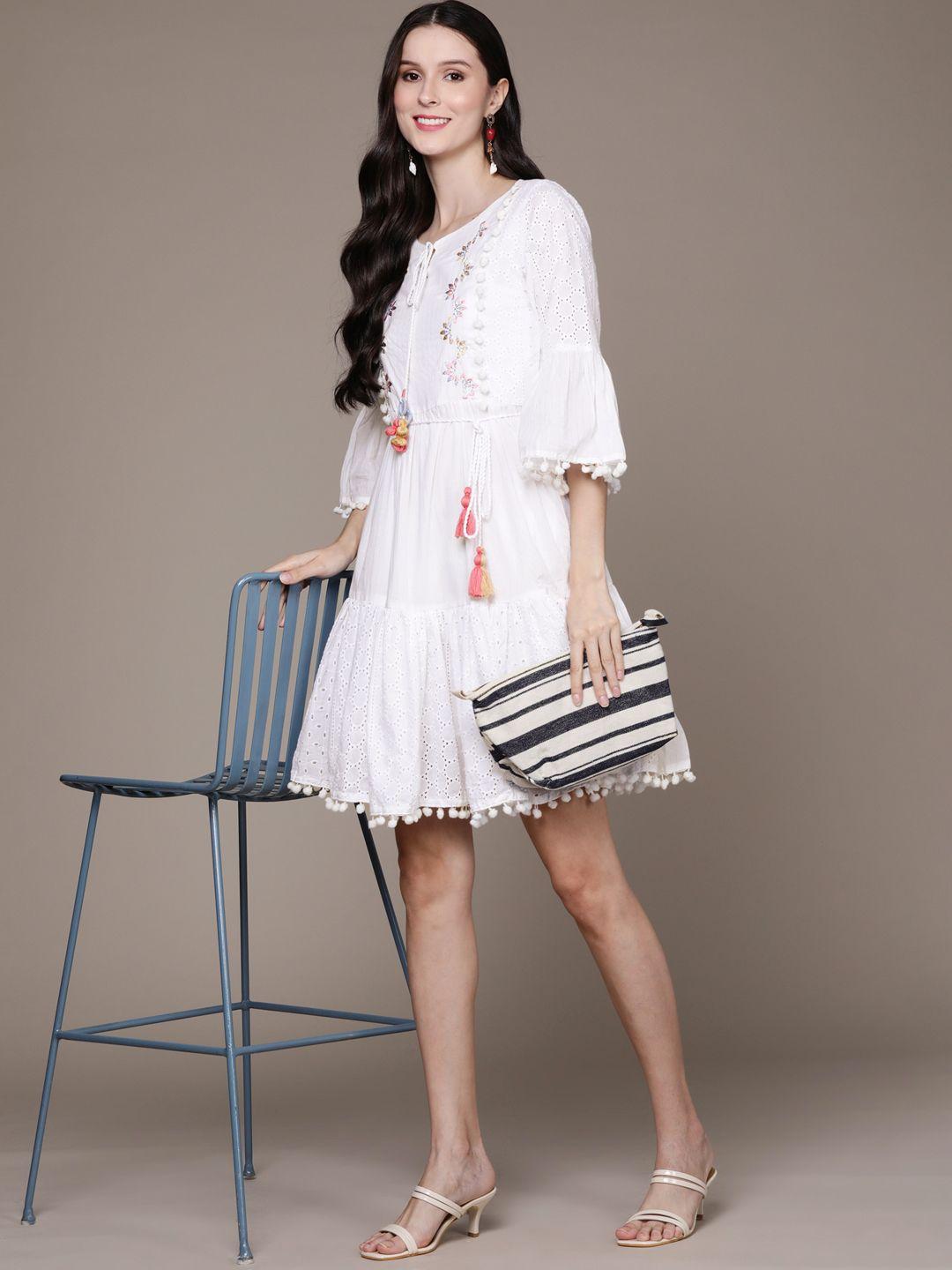 ishin white floral embroidered tie-up neck a-line dress