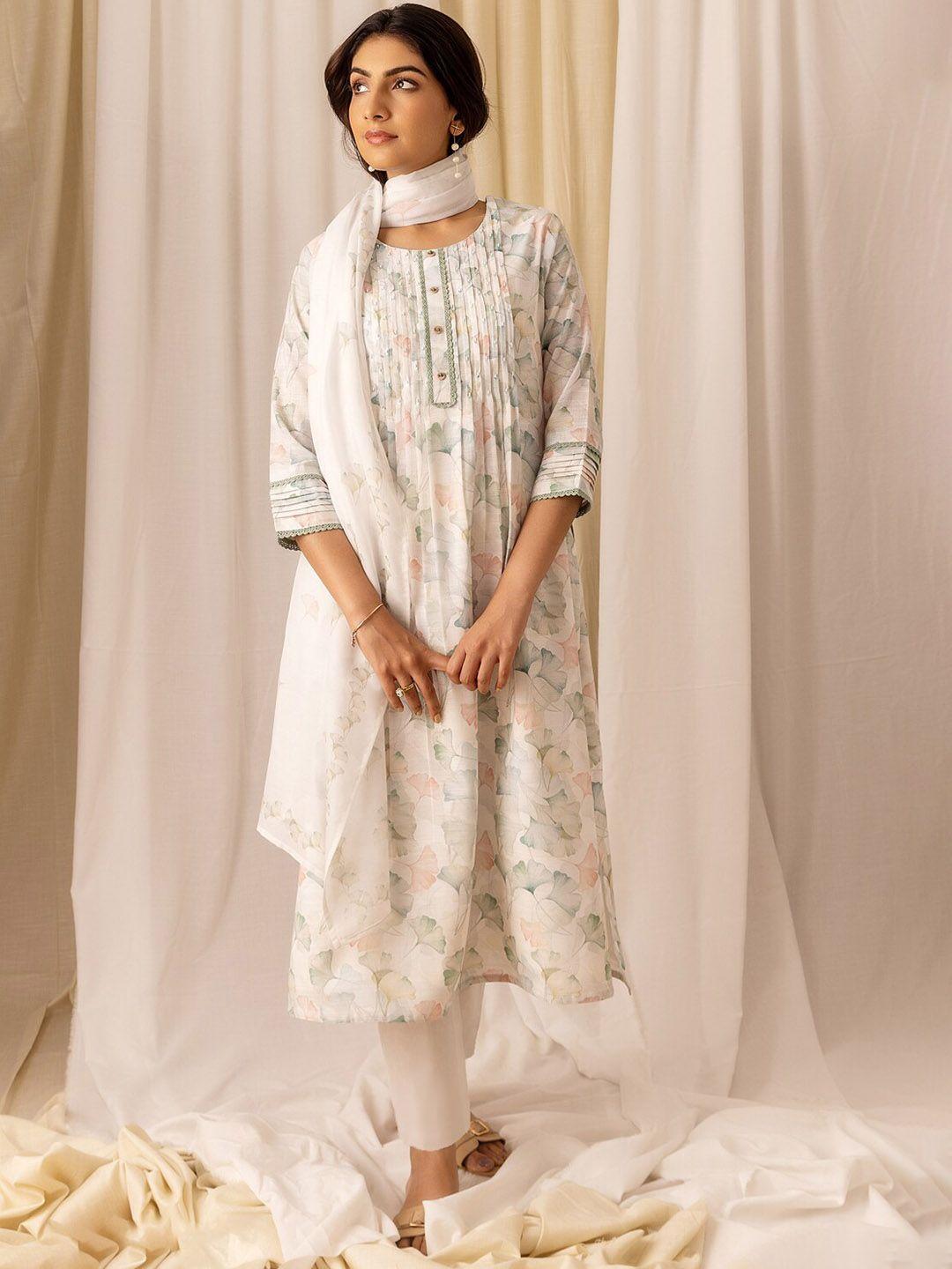 ishin white floral printed beads & stones linen a-line kurta & trousers with dupatta