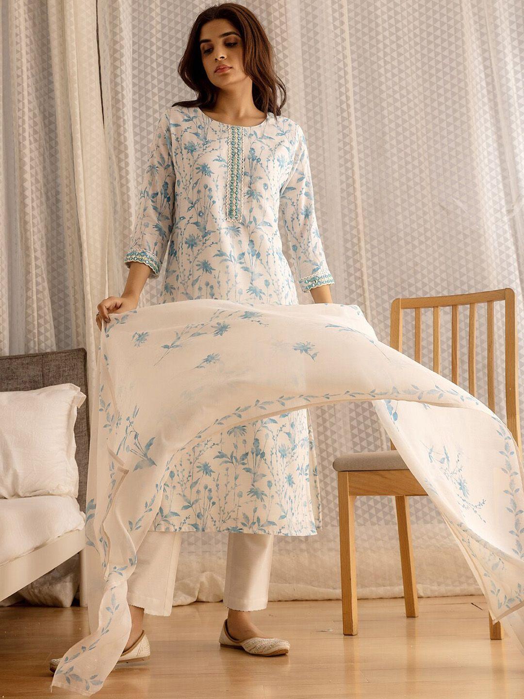 ishin white floral printed round neck regular mirror work kurta with trousers & dupatta