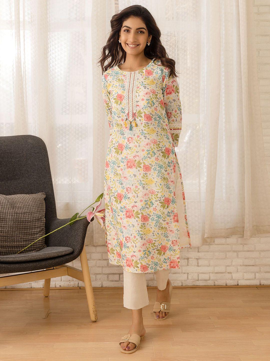 ishin white floral printed sequinned linen straight kurta with trousers & dupatta