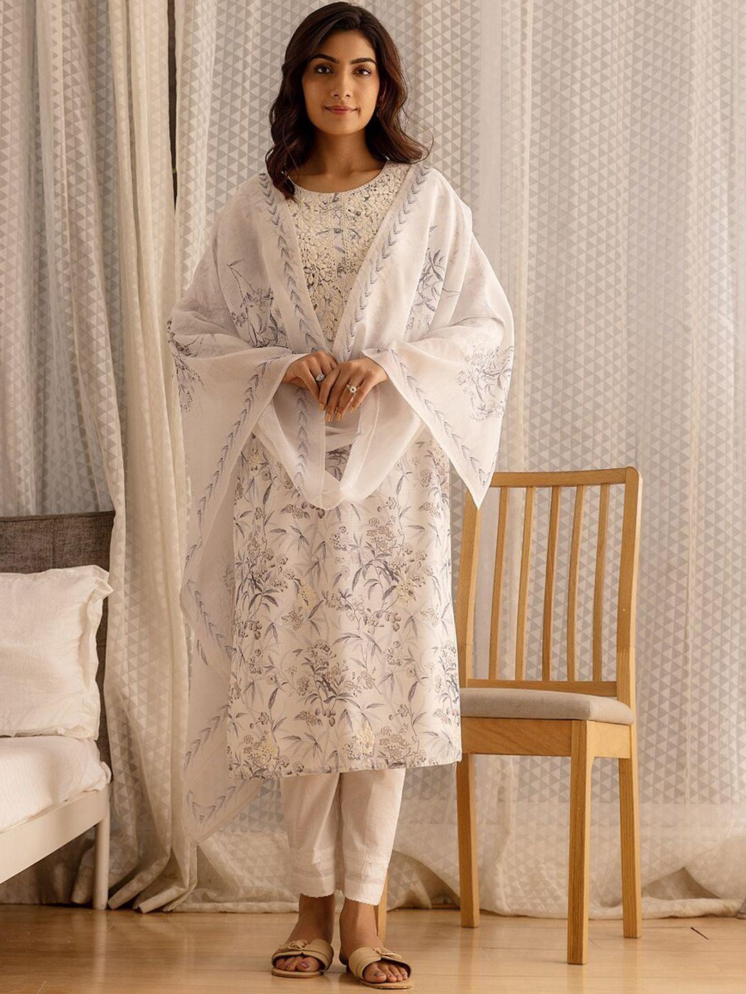 ishin white floral printed thread work detail linen straight kurta & trousers with dupatta