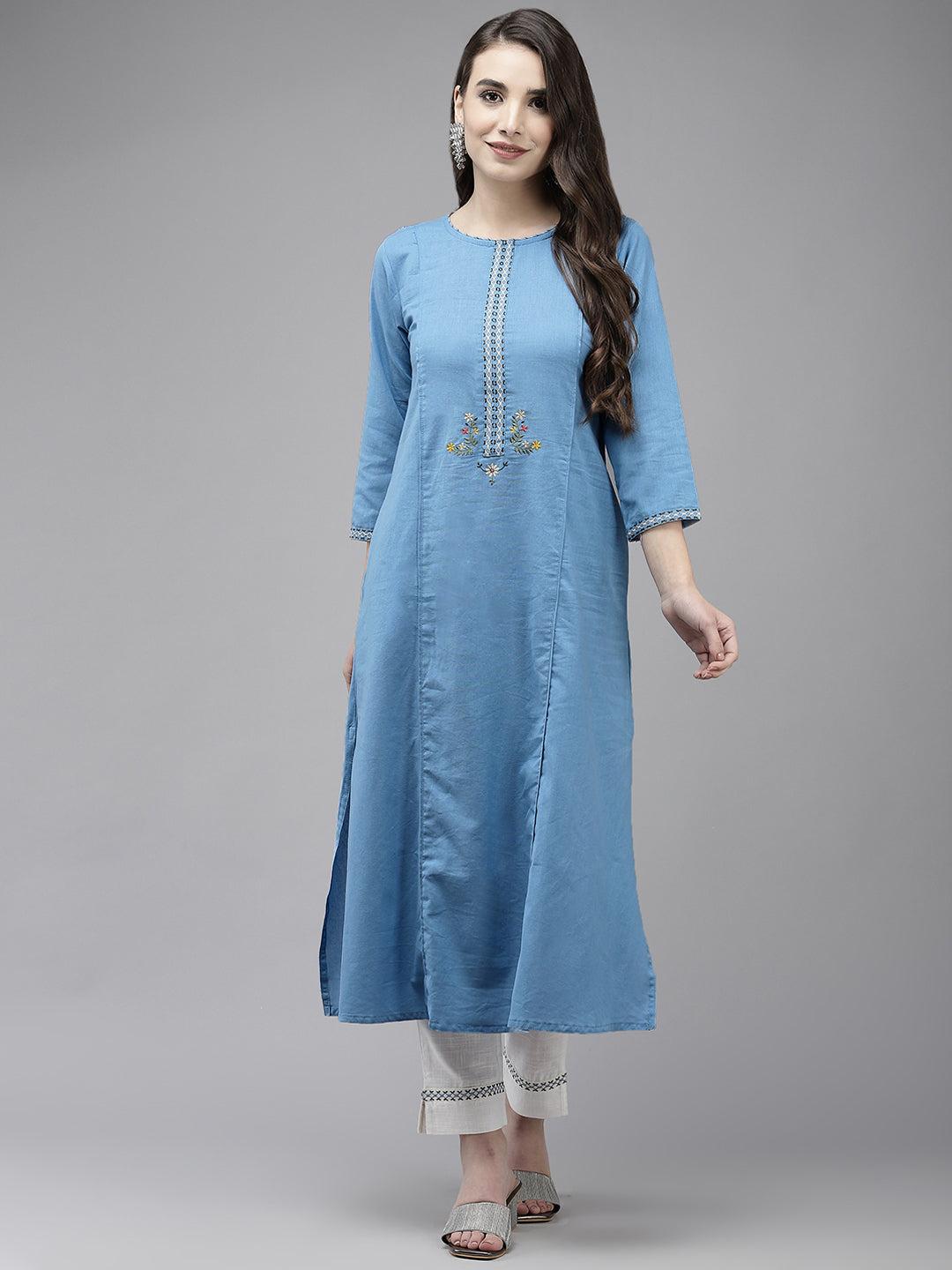 ishin women's blue back embroidered a-line kurta with trouser