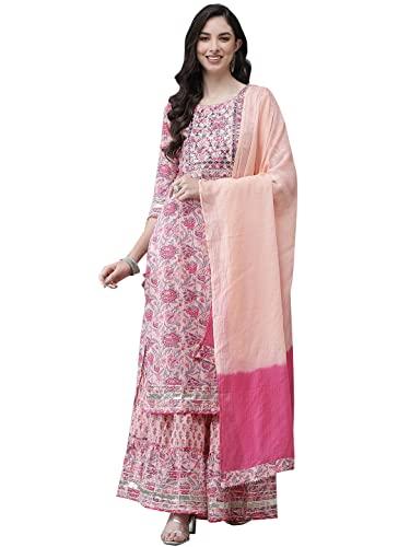 ishin women's cotton a-line embroidered kurta suit set with dupatta & sharara kpldsrd-19008_xxl_pink