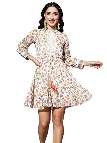 ishin women's cotton above knee length a-line embellished indo western dress inwdr0307_cr_xl_cream