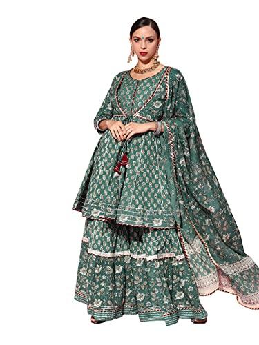 ishin women's cotton anarkali embroidered kurta suit set with dupatta & sharara kpldpm-19075_xxl_green